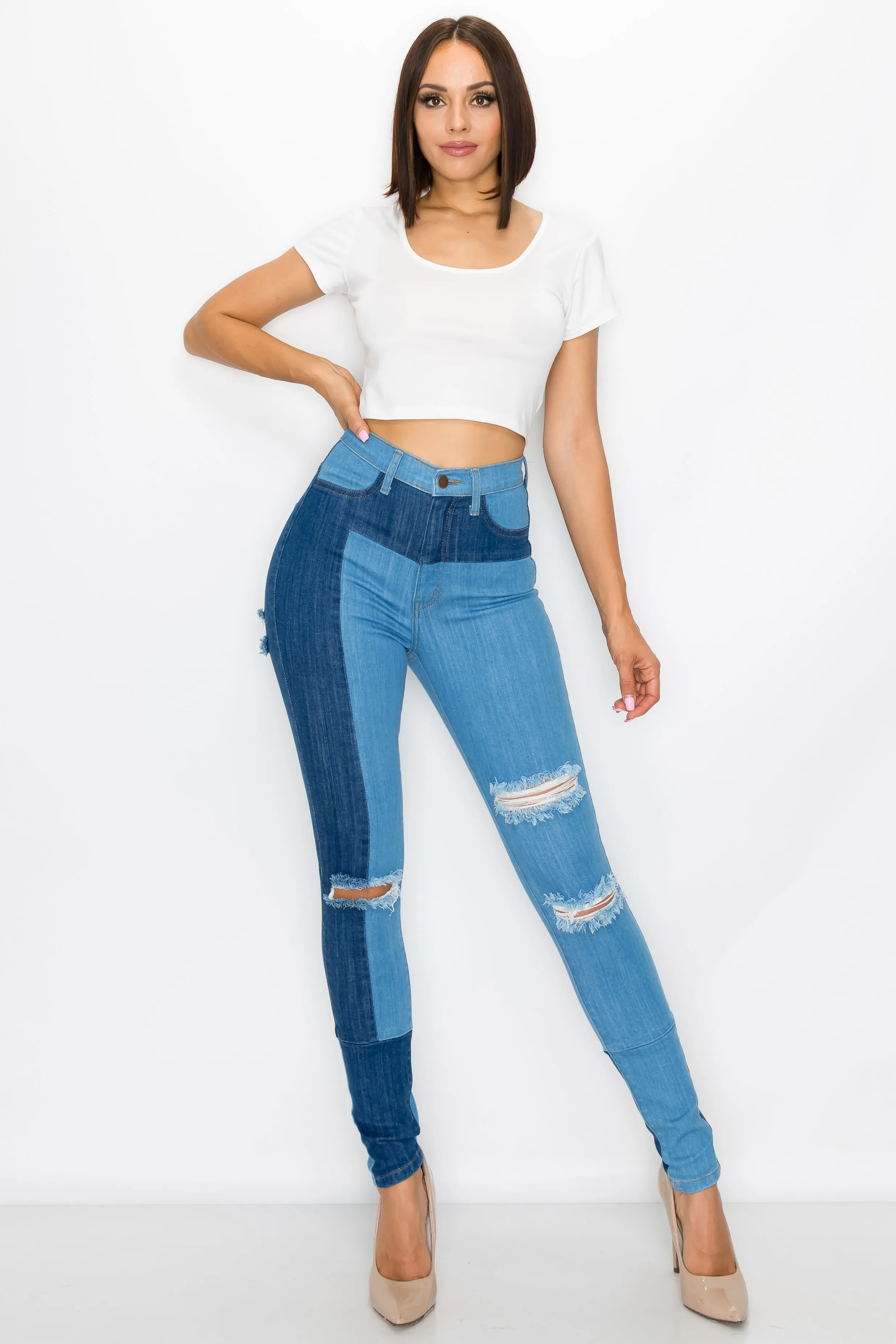 40190 Women's High Waisted Skinny Jeans with Slice Destruction