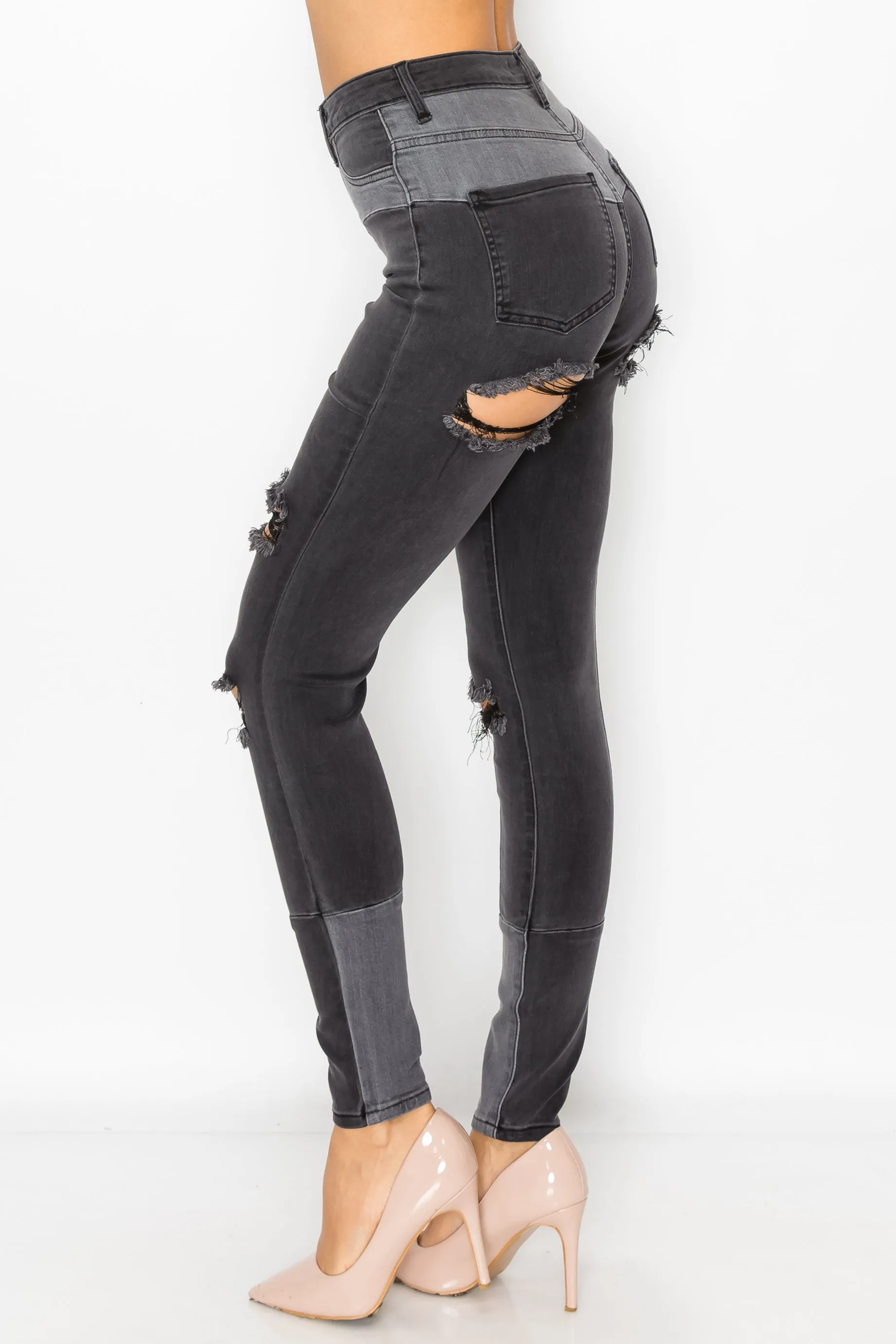 40190 Women's High Waisted Skinny Jeans with Slice Destruction