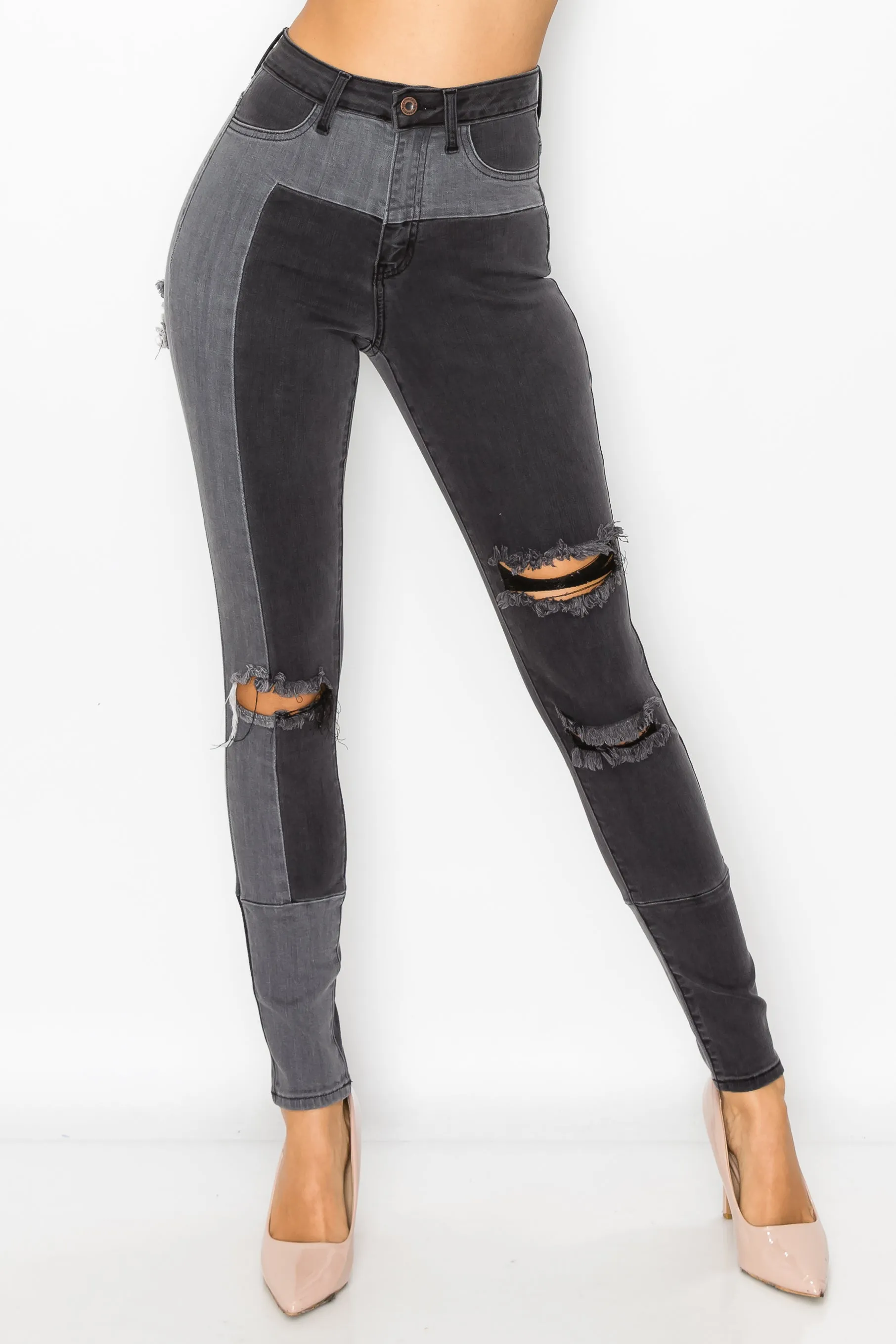 40190 Women's High Waisted Skinny Jeans with Slice Destruction