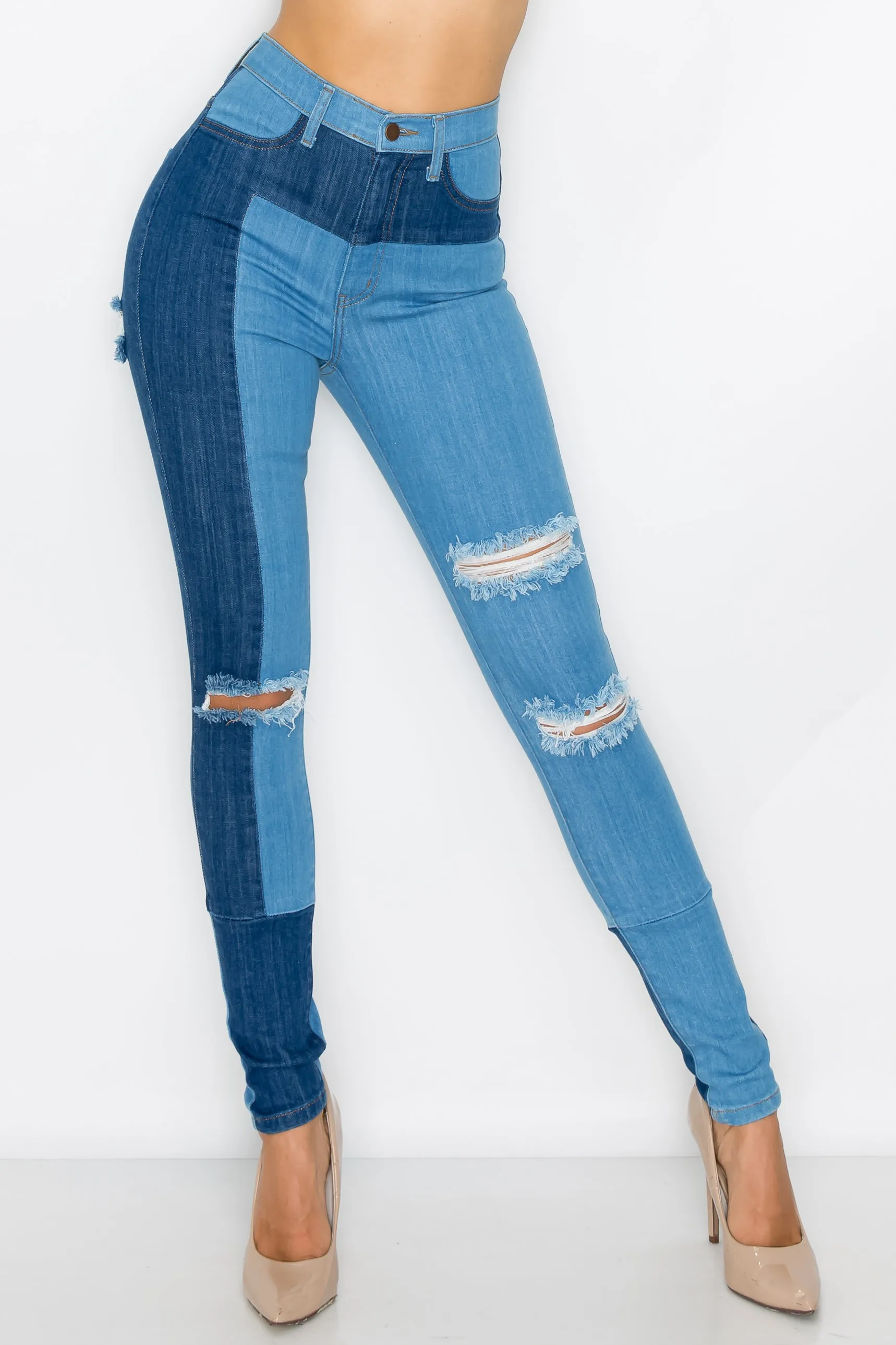 40190 Women's High Waisted Skinny Jeans with Slice Destruction