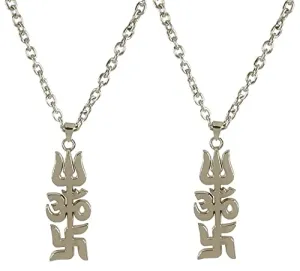 Adhvik (Set Of 2 Pcs Unisex Metal Fancy & Stylish Silver Plated Mahadev Bolenath Mahakaal Lord Shiva Shankar Om Satya with Trishul Swastik Or Shubh-Labh Locket Pendant Necklace With Chain