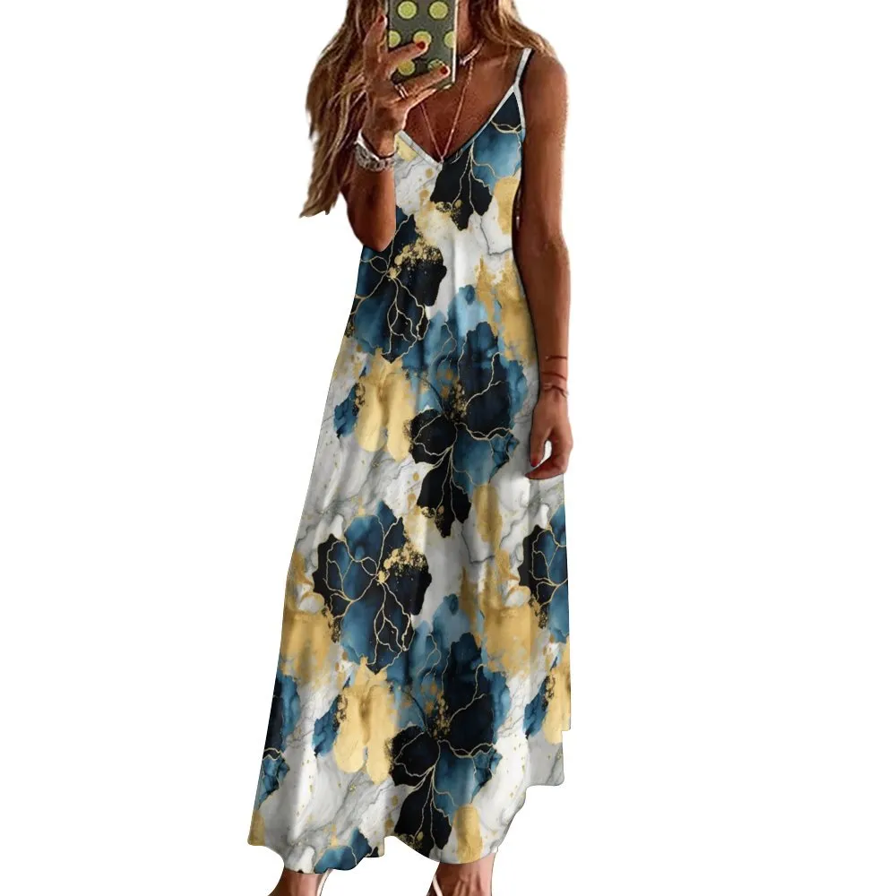 Alcohol Ink Floral Spaghetti Strap Ankle-Length Dress Long dress