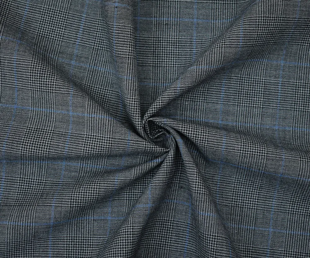 Black-Gray-Blue Wool Polyester Glen Plaid Check Shirting Woven Fabric