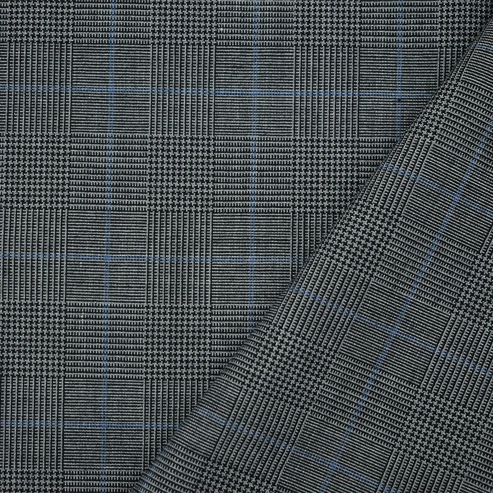 Black-Gray-Blue Wool Polyester Glen Plaid Check Shirting Woven Fabric