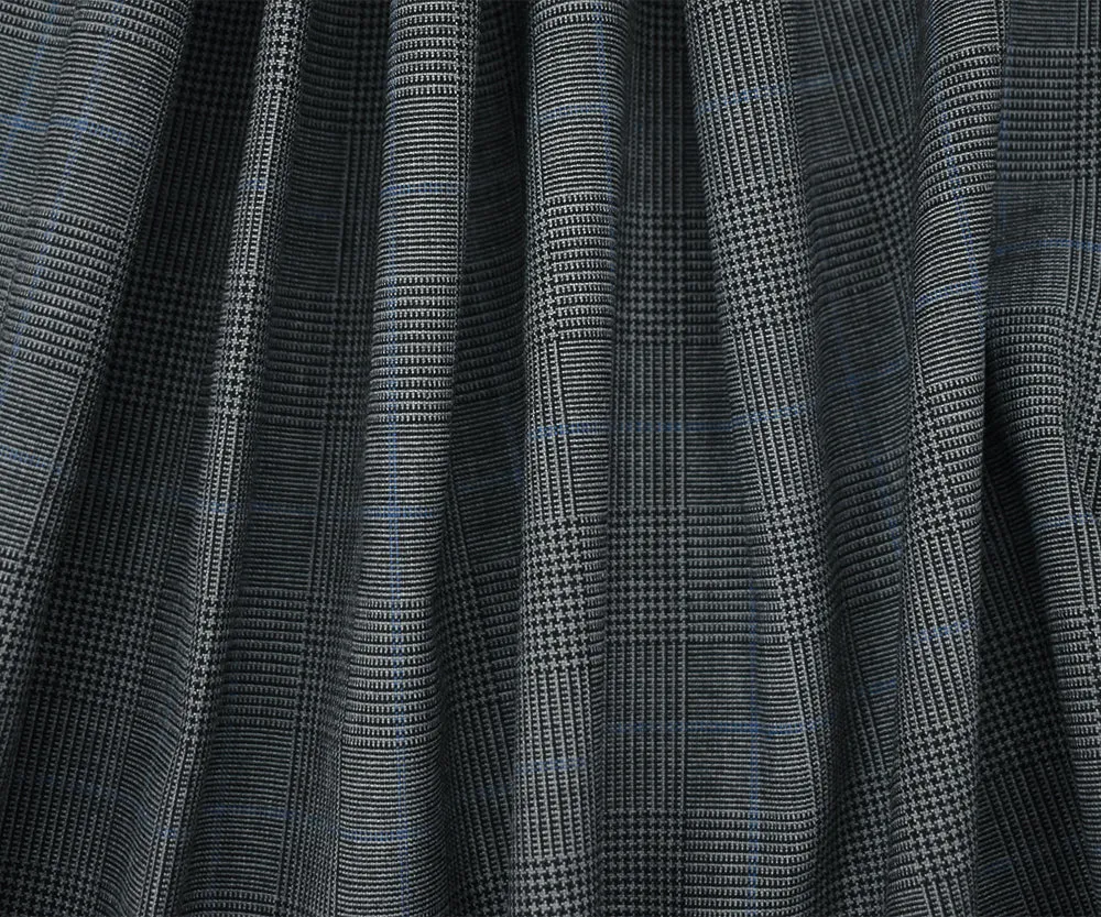 Black-Gray-Blue Wool Polyester Glen Plaid Check Shirting Woven Fabric