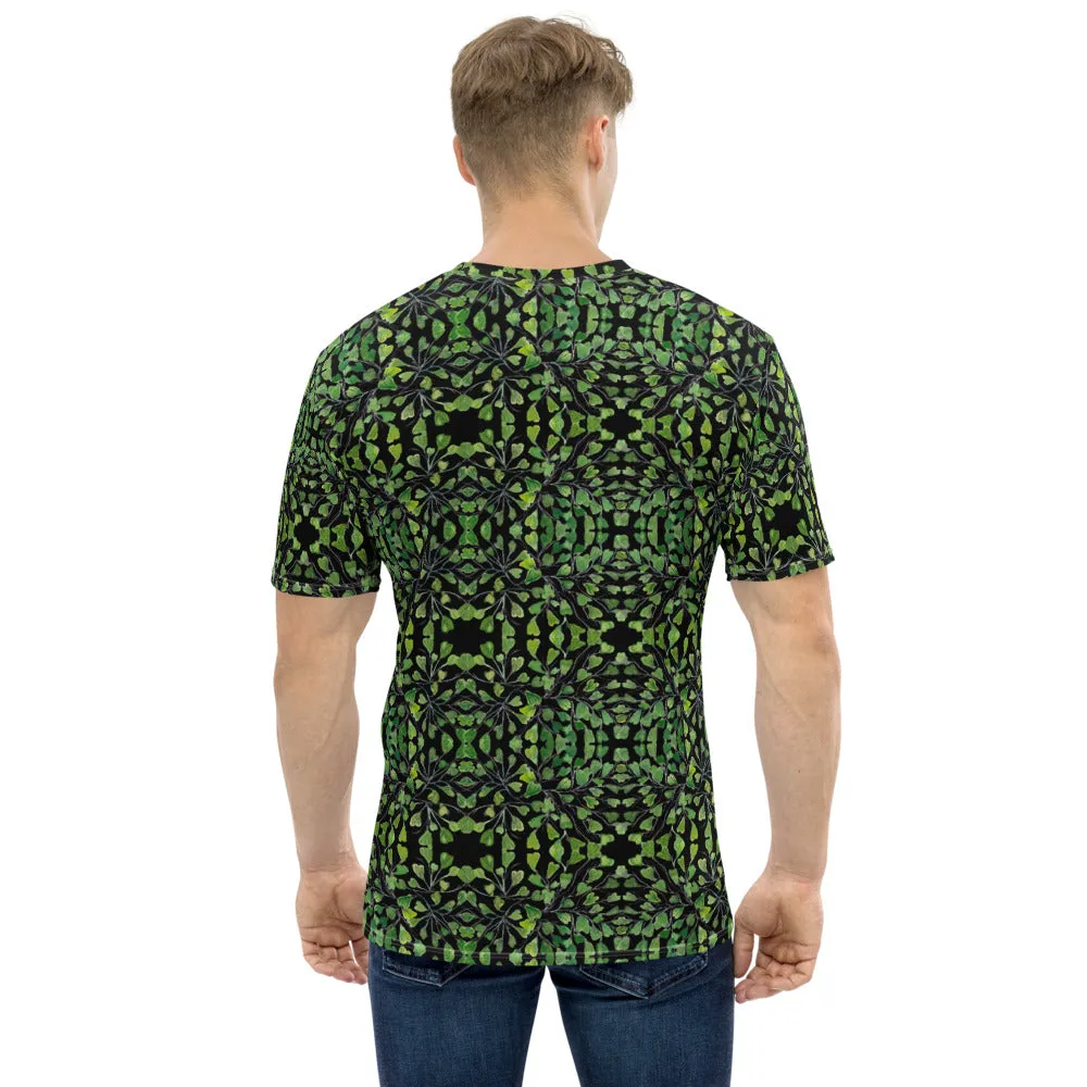 Black Green Maidenhair Men's T-shirt, Tropical Leaf Printed Luxury Patterned Shirt-Made in USA/EU