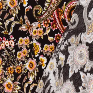 Black-Multi Famous Designer Paisley Printed Viscose Crepe Faille Fabric