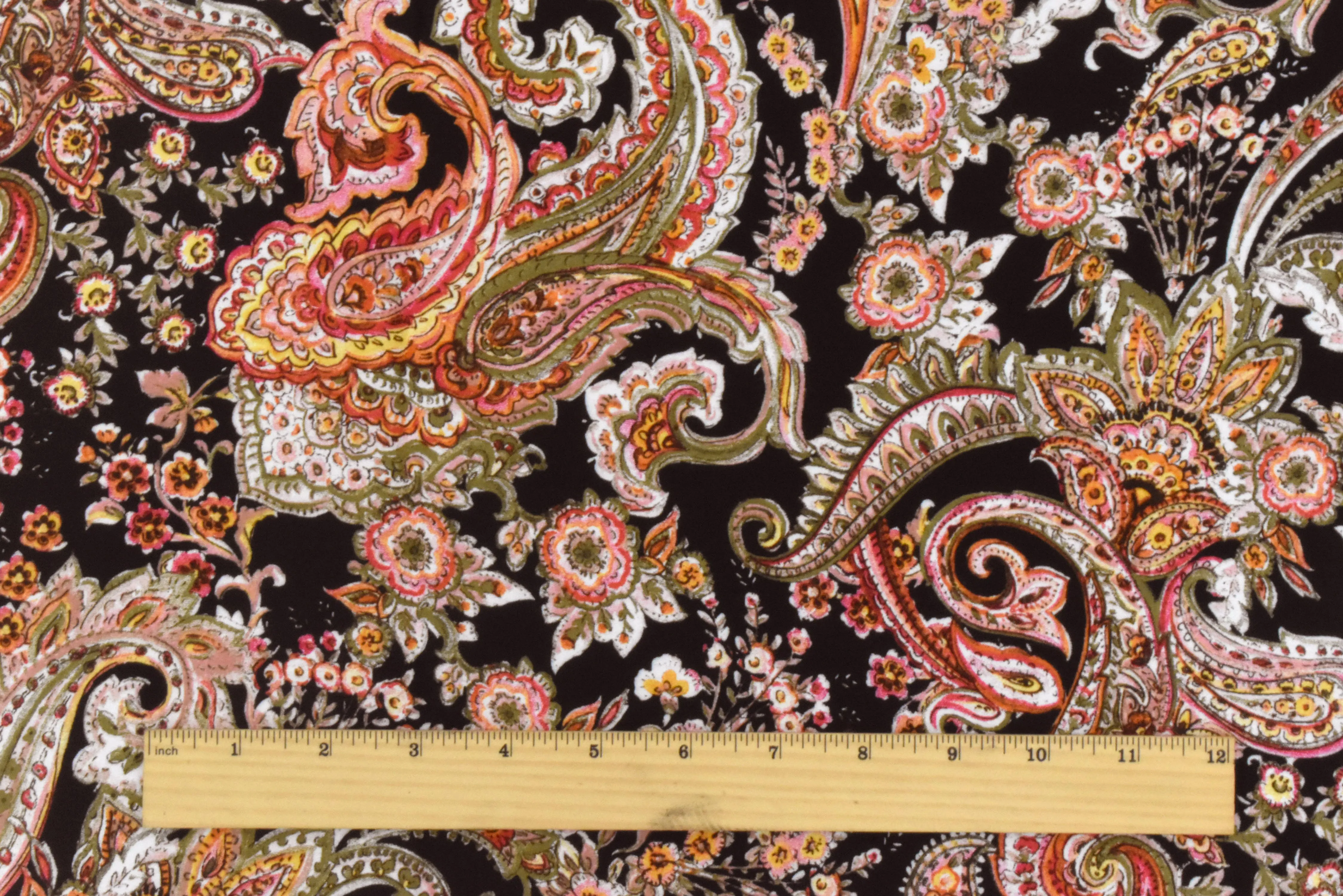 Black-Multi Famous Designer Paisley Printed Viscose Crepe Faille Fabric