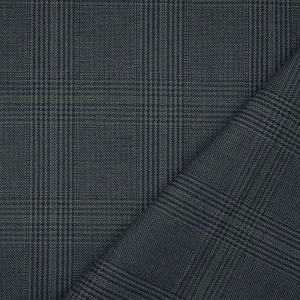 Blue-Gray-Black Wool Polyester Glen Plaid Woven Suiting Fabric