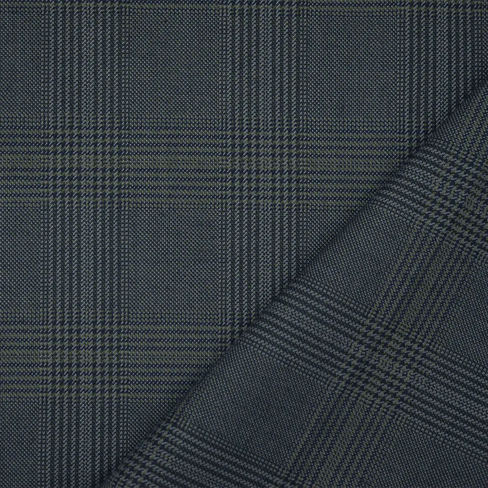 Blue-Gray-Black Wool Polyester Glen Plaid Woven Suiting Fabric