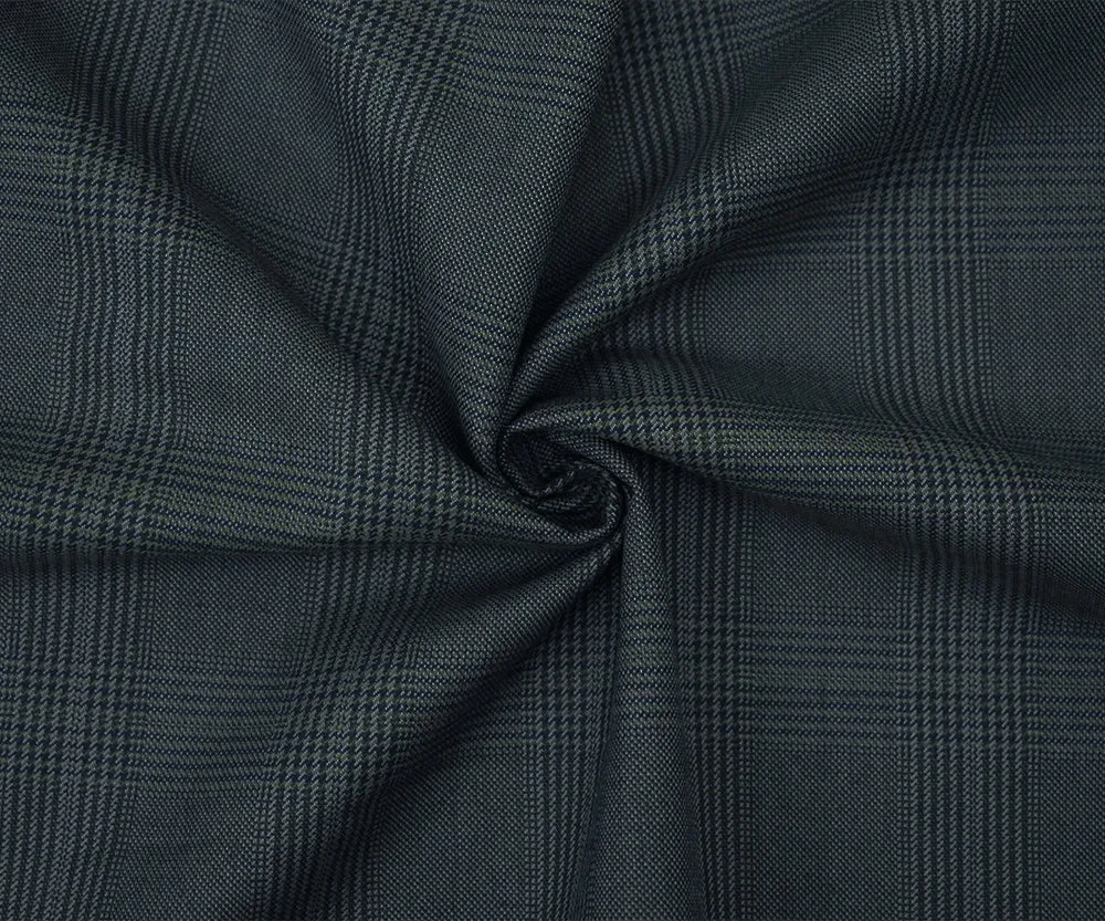 Blue-Gray-Black Wool Polyester Glen Plaid Woven Suiting Fabric