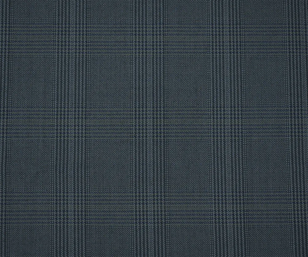 Blue-Gray-Black Wool Polyester Glen Plaid Woven Suiting Fabric