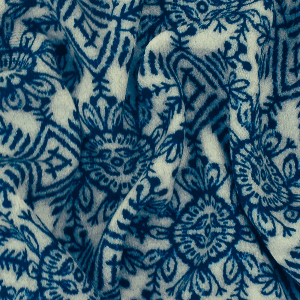 Blue-Gray Famous Designer Viscose Stamped Batik Printed Crepe Faille Fabric