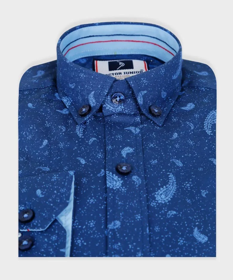 Boys Slim Fit Paisley Smart Casual Shirt - Patterned Navy Blue