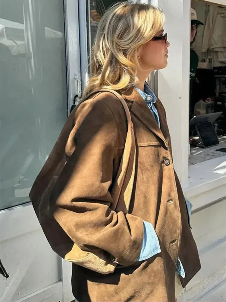 Brown Single Breasted Double Pocket Coats Woman Fashion Long Sleeve Lapel Short Blazer Jacket 2024 Autumn High Street Outerwear