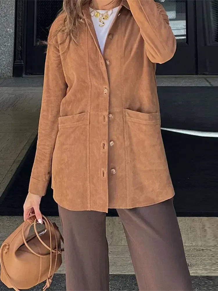 Brown Single Breasted Double Pocket Coats Woman Fashion Long Sleeve Lapel Short Blazer Jacket 2024 Autumn High Street Outerwear