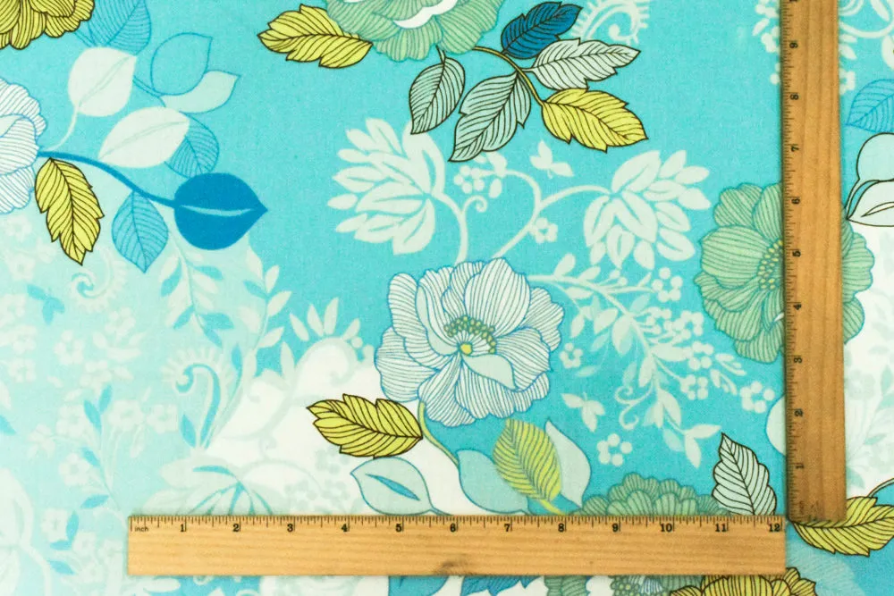 Clean Blue-Ivory-Multi Floral Printed Stretch Cotton Poplin Woven Fabric