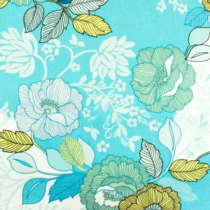 Clean Blue-Ivory-Multi Floral Printed Stretch Cotton Poplin Woven Fabric