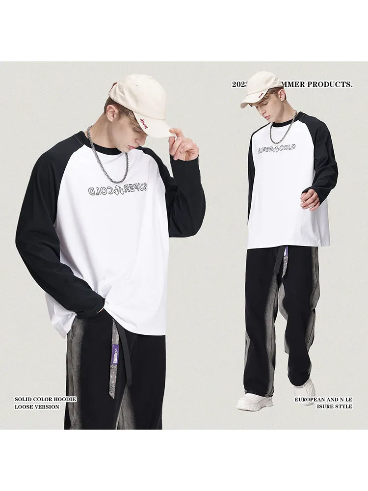 Contrast Color Horned Sleeved Letter Print Loose Casual Bottoming T-Shirt