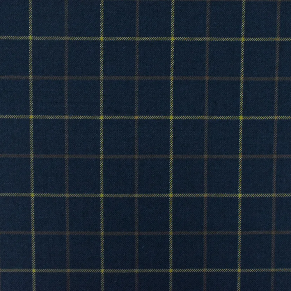 Dark Blue-Yellow-Brown Check Wool-Cotton Twill Woven Suiting Fabric