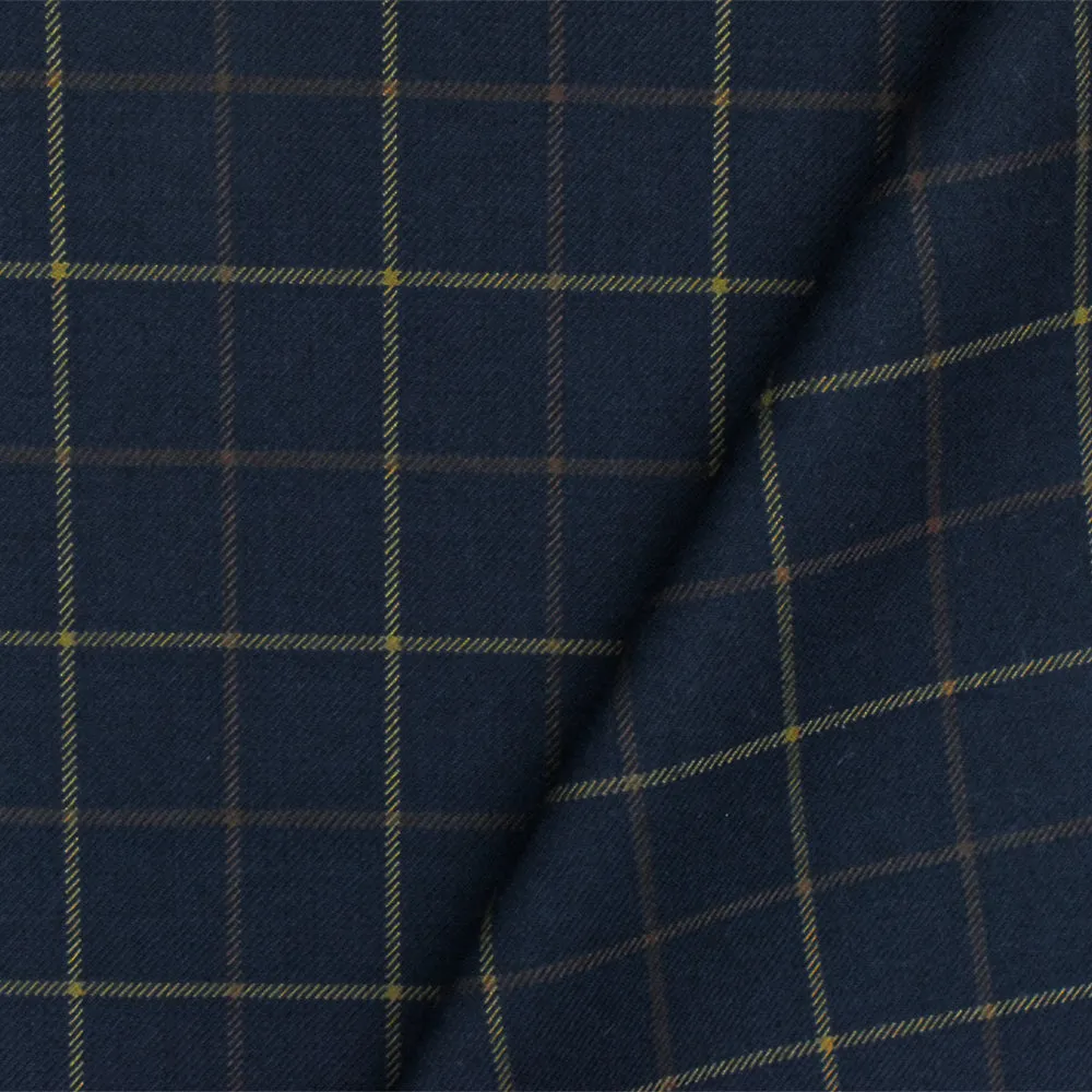 Dark Blue-Yellow-Brown Check Wool-Cotton Twill Woven Suiting Fabric