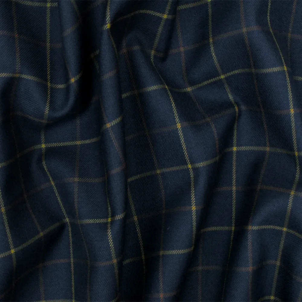 Dark Blue-Yellow-Brown Check Wool-Cotton Twill Woven Suiting Fabric