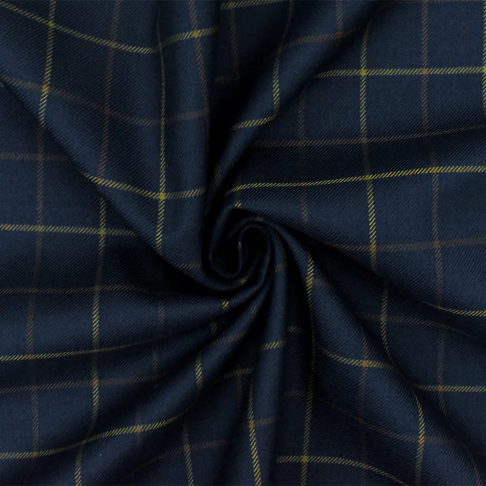 Dark Blue-Yellow-Brown Check Wool-Cotton Twill Woven Suiting Fabric