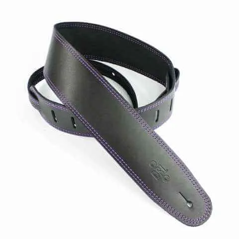 Dsl Sge Guitar Strap 2.5 Inch Wide Black Leather With Purple Stich