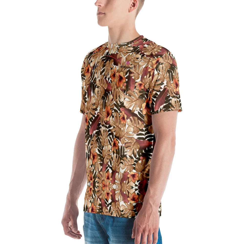 Fall Tropical Leaf Men's T-shirt, Brown Leaves Print Hawaiian Style Tees For Men-Made in USA/EU