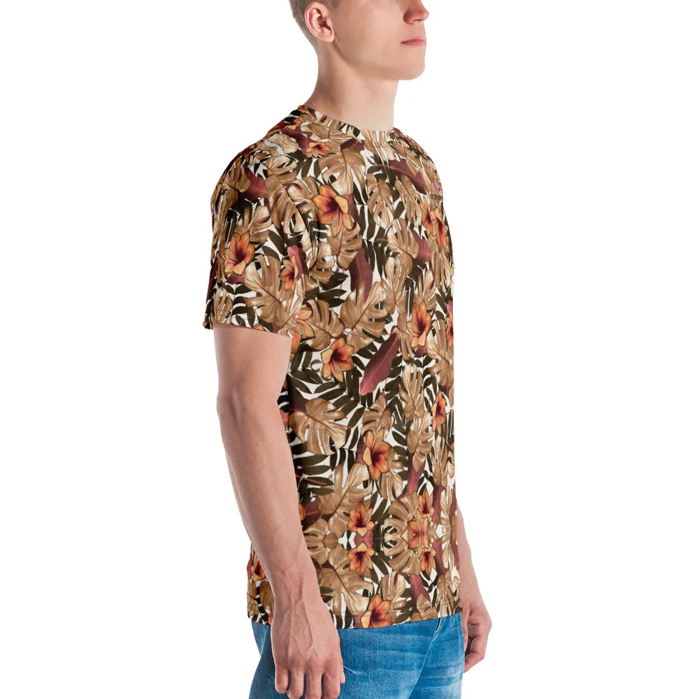 Fall Tropical Leaf Men's T-shirt, Brown Leaves Print Hawaiian Style Tees For Men-Made in USA/EU