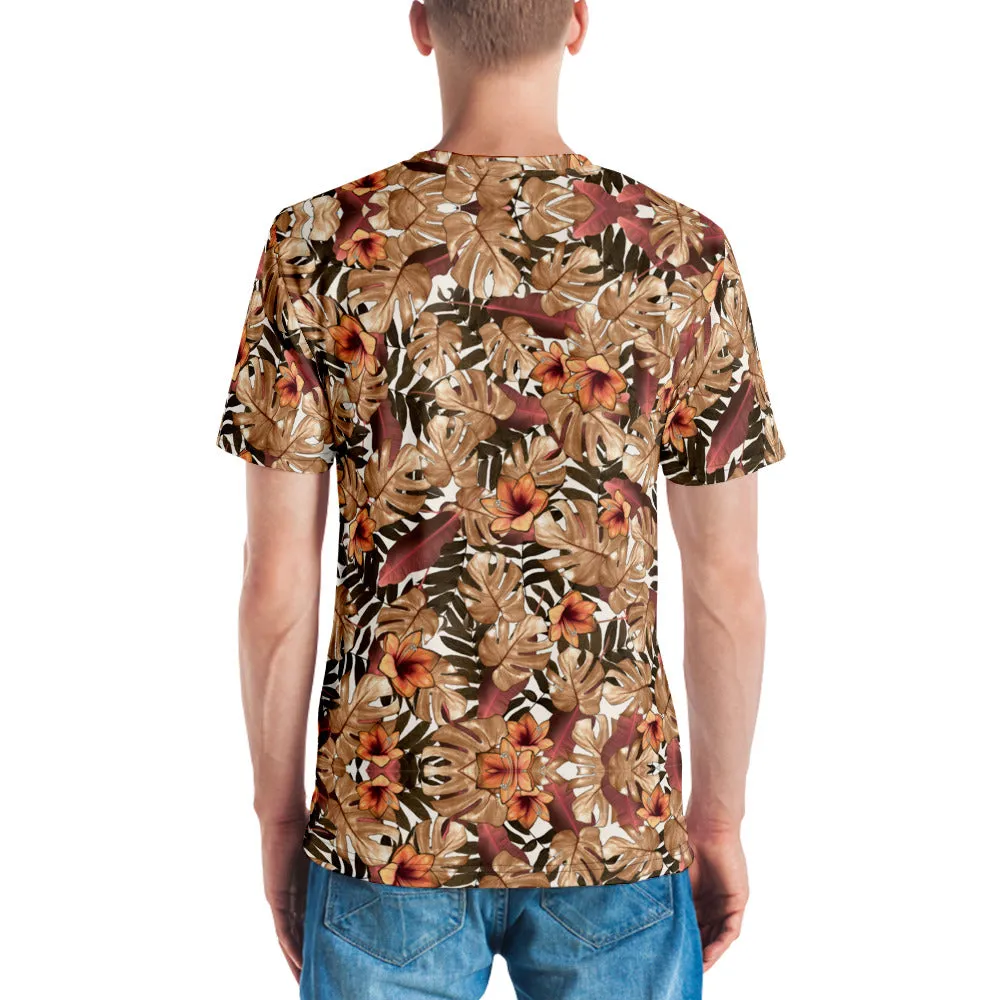 Fall Tropical Leaf Men's T-shirt, Brown Leaves Print Hawaiian Style Tees For Men-Made in USA/EU