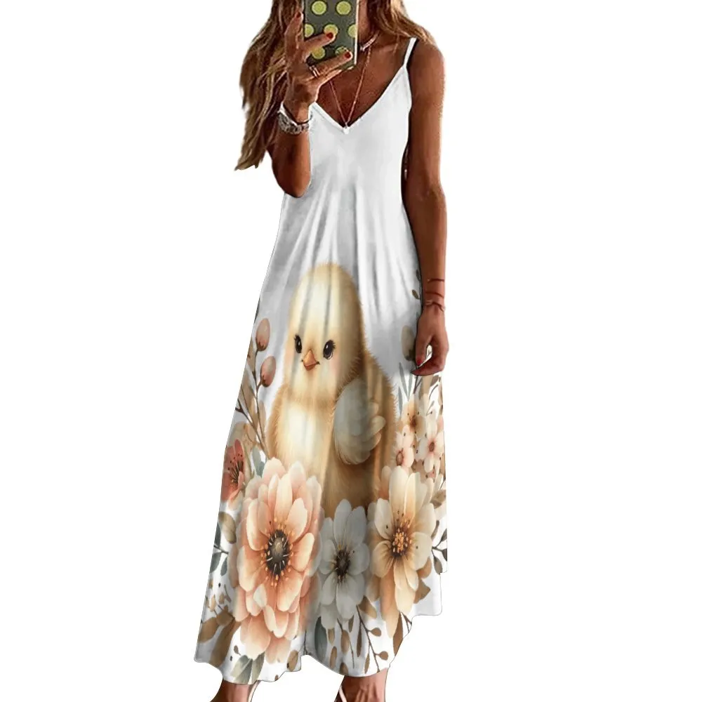 Floral Chicken Spaghetti Strap Ankle-Length Dress Long dress