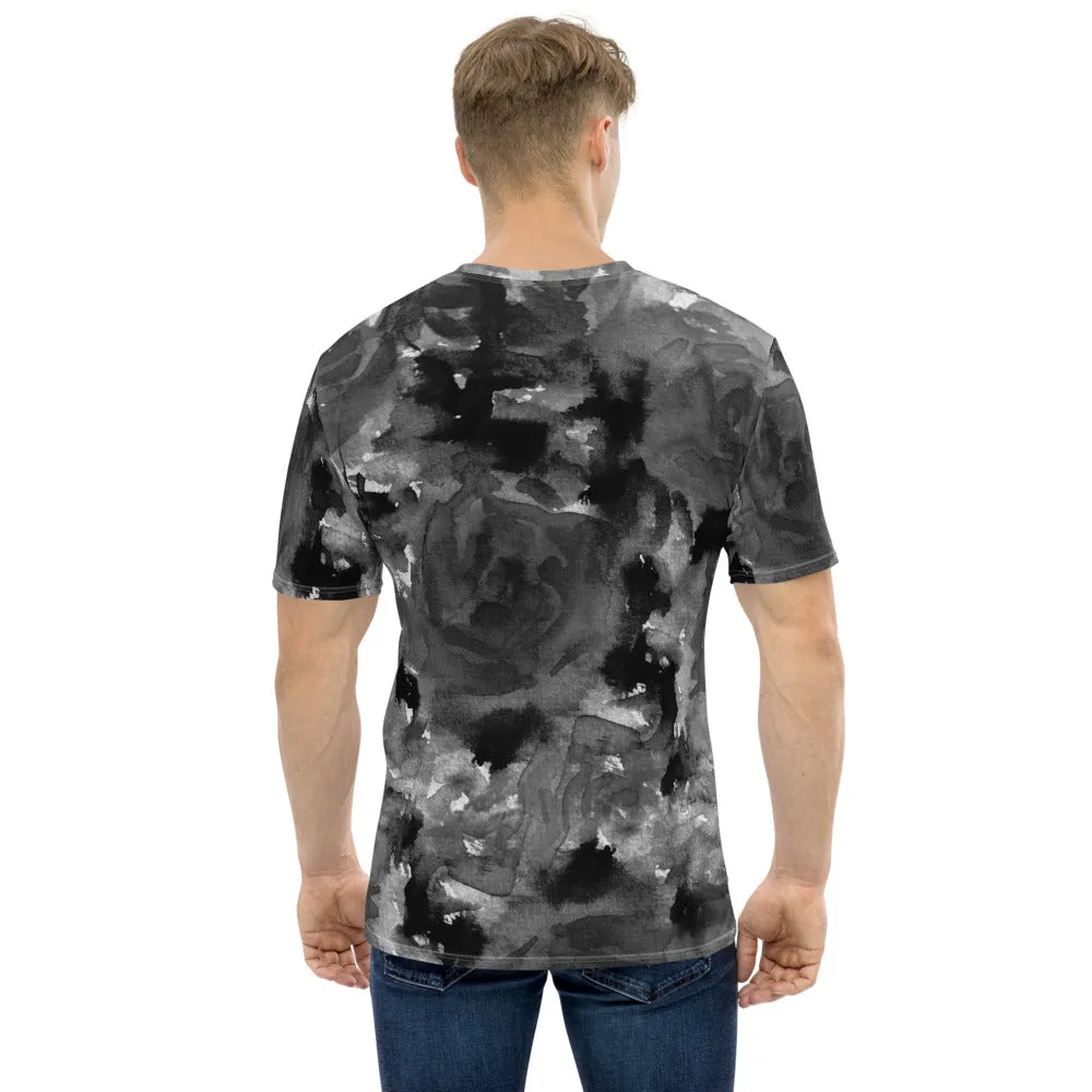 Grey Floral Print Men's T-shirt, Abstract Rose Gray Premium Tees For Men-Made in USA/EU