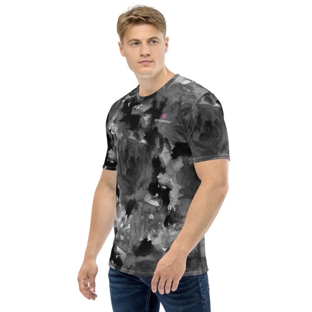 Grey Floral Print Men's T-shirt, Abstract Rose Gray Premium Tees For Men-Made in USA/EU