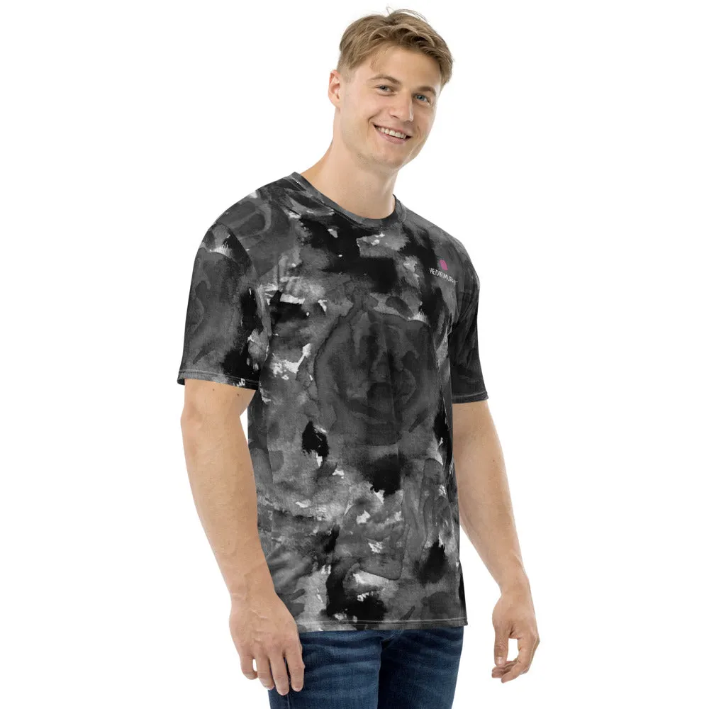 Grey Floral Print Men's T-shirt, Abstract Rose Gray Premium Tees For Men-Made in USA/EU