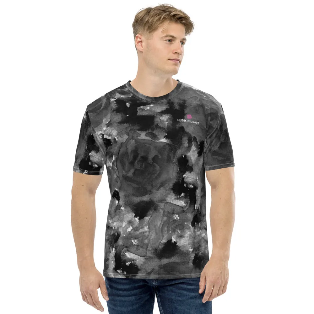 Grey Floral Print Men's T-shirt, Abstract Rose Gray Premium Tees For Men-Made in USA/EU