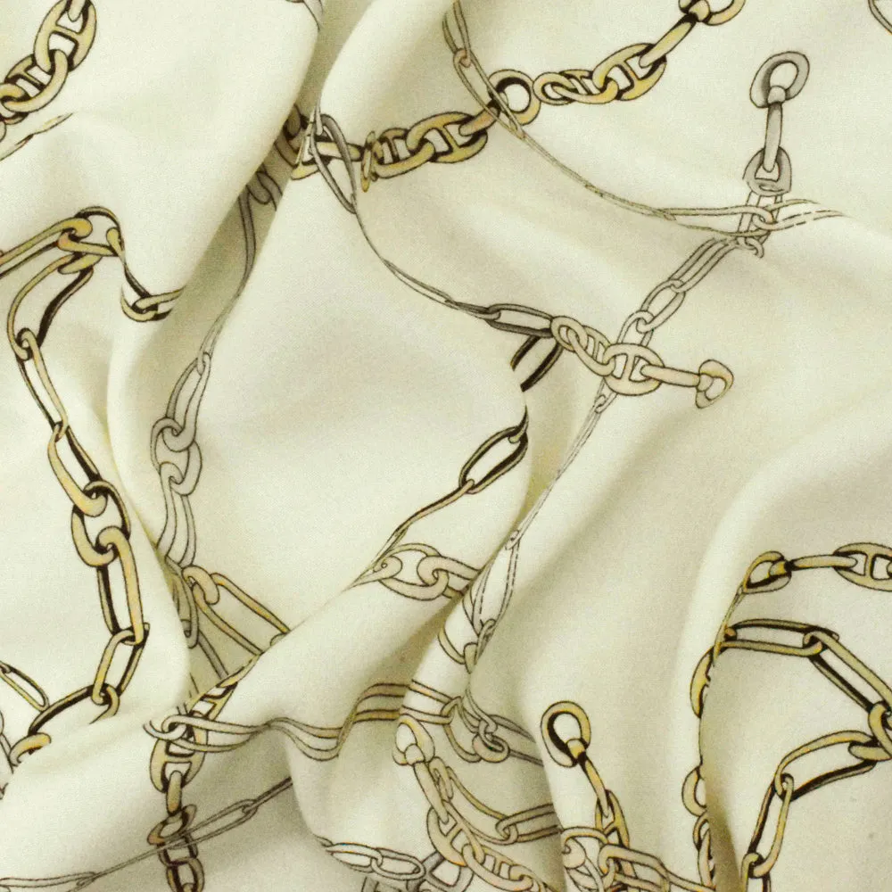 Ivory-Beige-Multi Famous Designer Chain Printed Viscose Crepe Faille Fabric