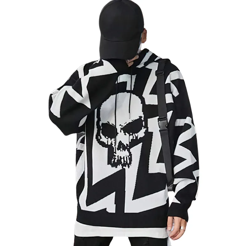 Knitting Hoodies For Men / Skull Print Hoodie / Streetwear Clothing