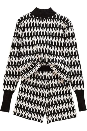 Manimy Black and White Knitted Houndstooth Top and Shorts Set