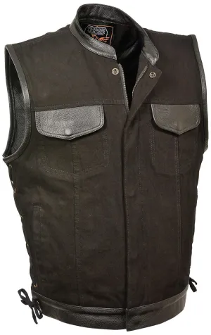 Milwaukee Performance Denim-MDM3011-Men's Black Side Lace Denim Vest with Leather Trim & Hidden Zipper