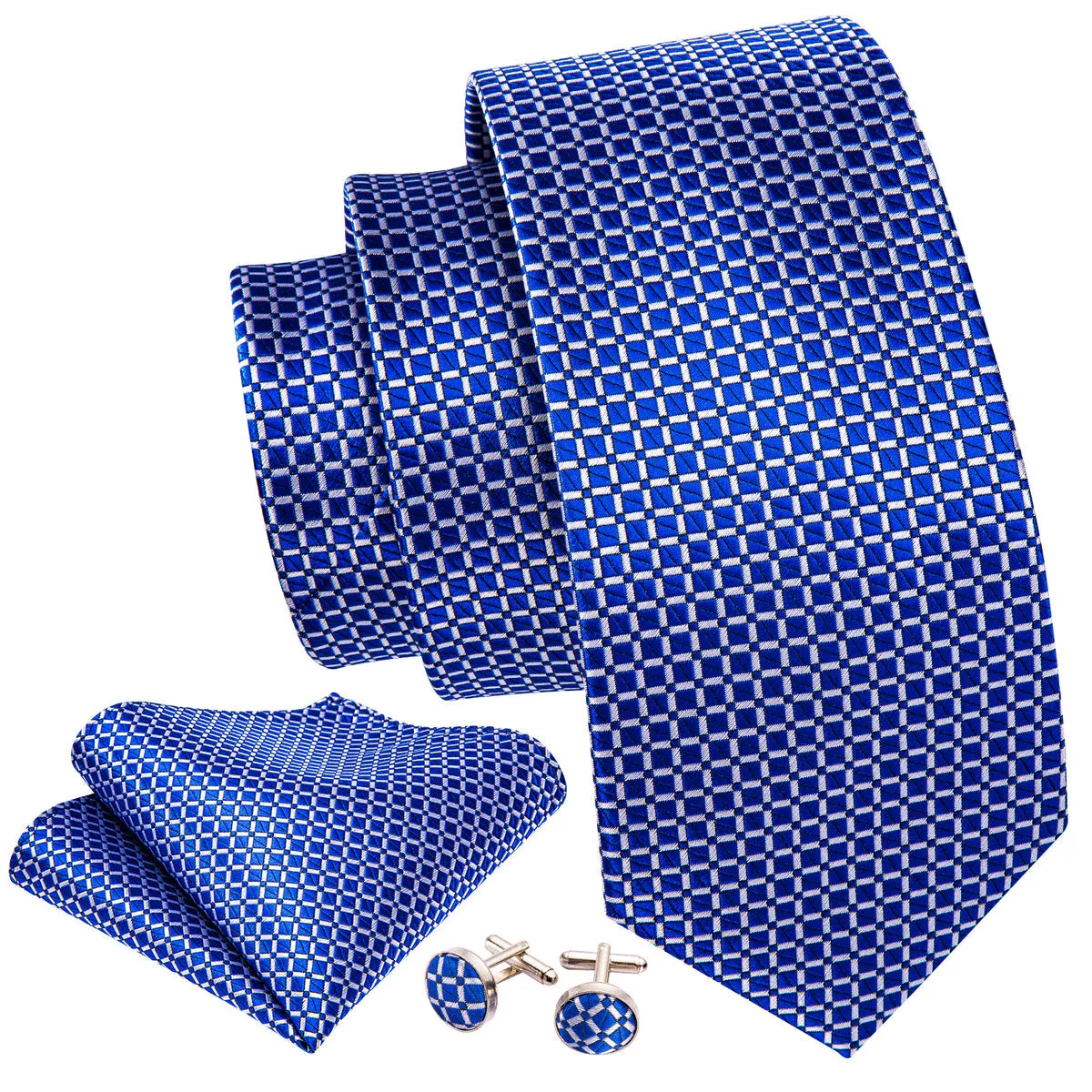 Modern Blue Plaid Silk Tie Set with Pocket Square and Cufflinks