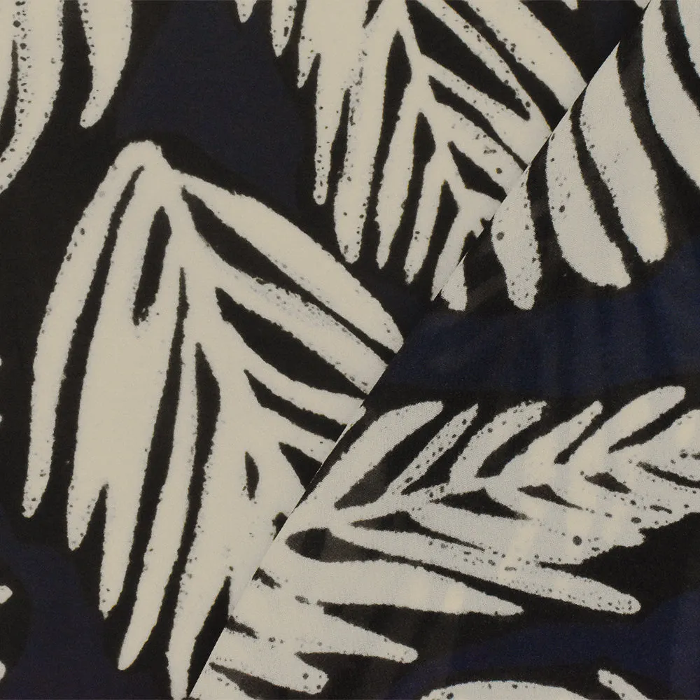 Navy-Black-Beige Famous Designer Viscose Leaf Printed Chiffon Fabric