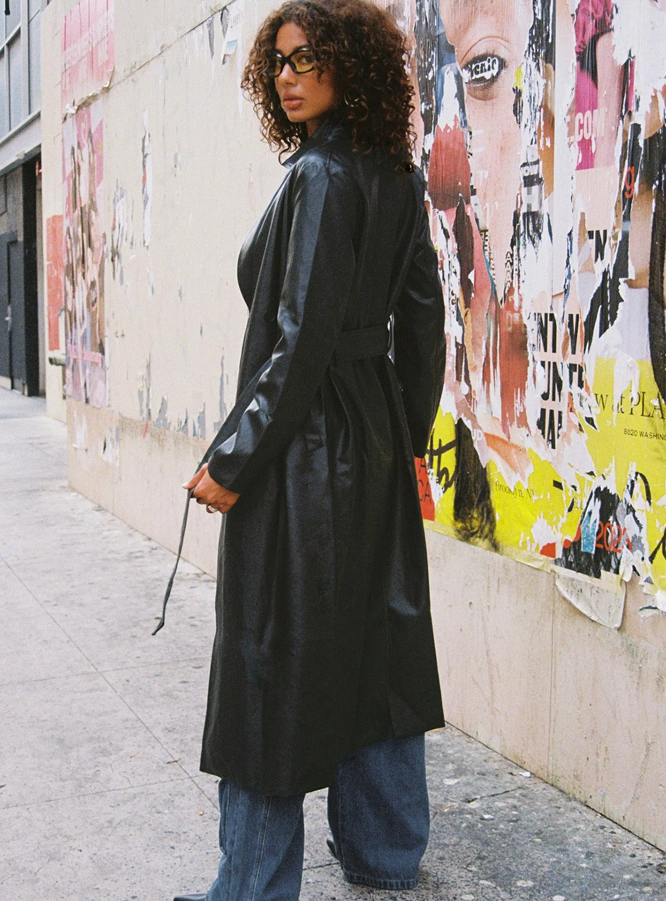 Only For Tonight Faux Leather Trench Coat Black