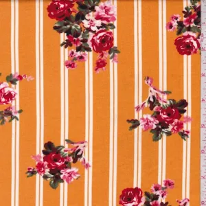 Orange Gold Double Stripe Floral Double Brushed Jersey Knit Fabric