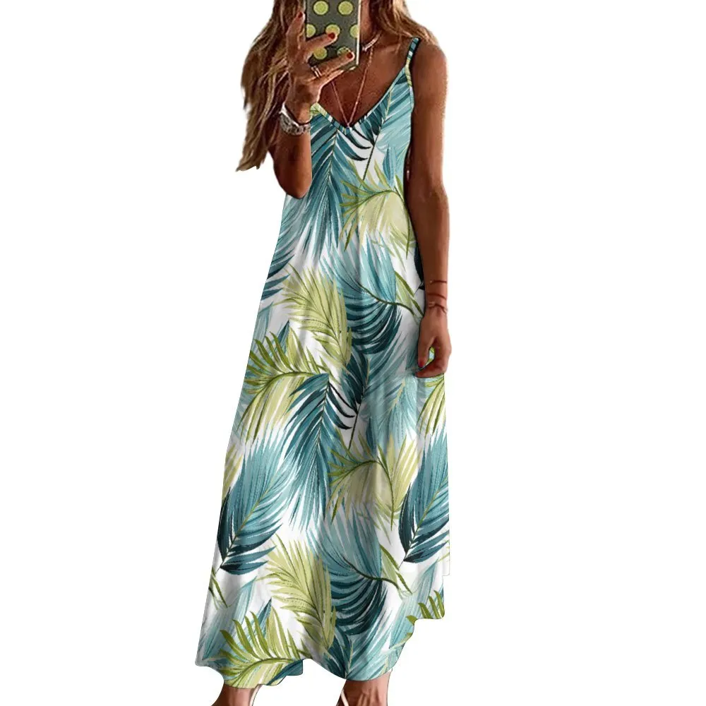 Palm Leaves Blue and Green Spaghetti Strap Ankle-Length Dress Long dress