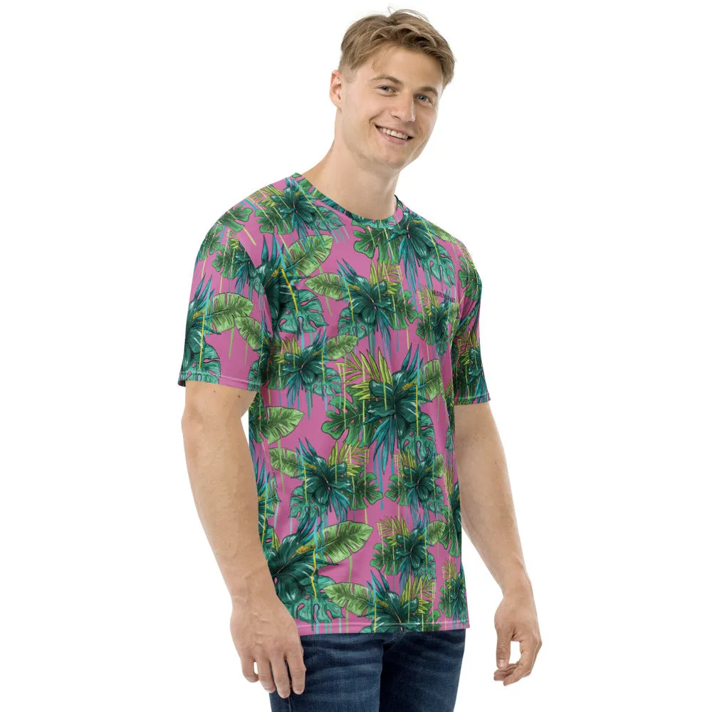 Pink Tropical Leaf Men's T-shirt, Hawaiian Style Green Leaf Print Premium Men's Tee-Made in USA/EU