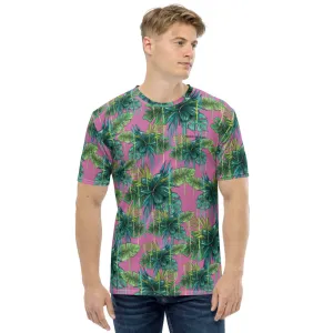 Pink Tropical Leaf Men's T-shirt, Hawaiian Style Green Leaf Print Premium Men's Tee-Made in USA/EU