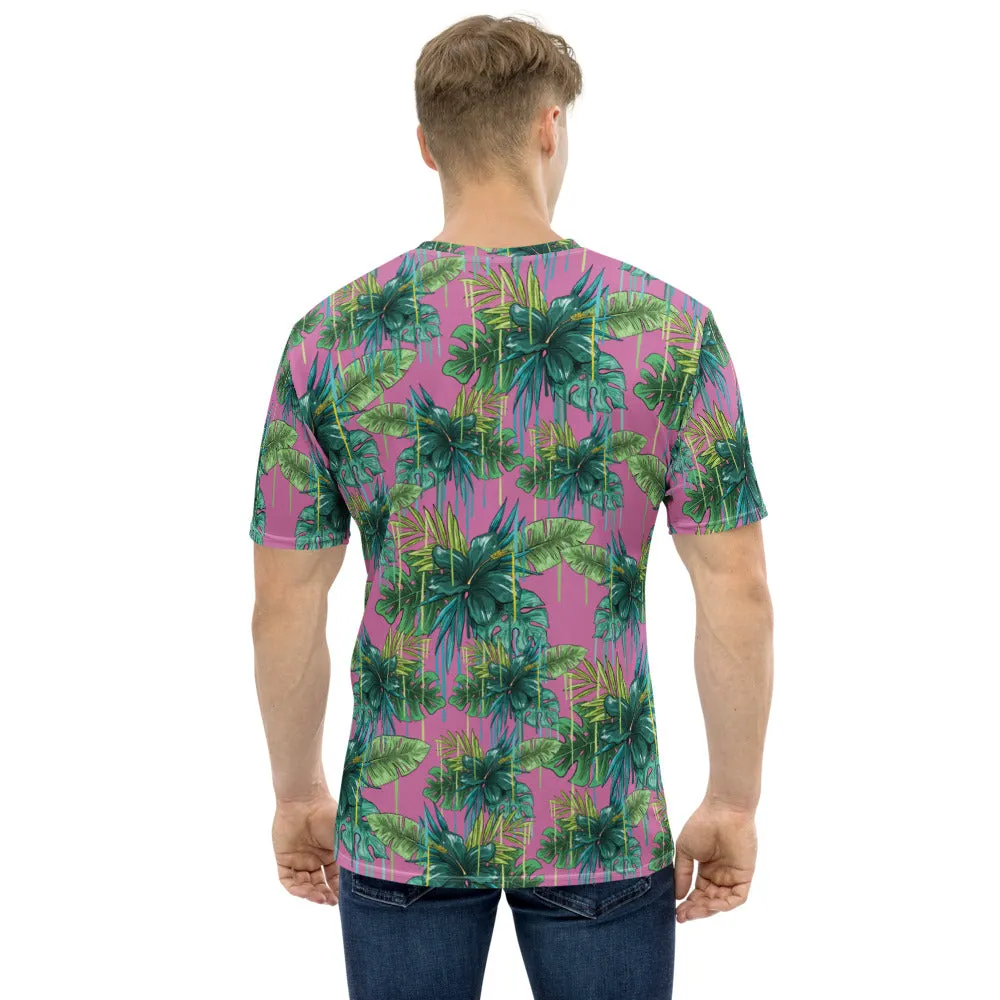 Pink Tropical Leaf Men's T-shirt, Hawaiian Style Green Leaf Print Premium Men's Tee-Made in USA/EU