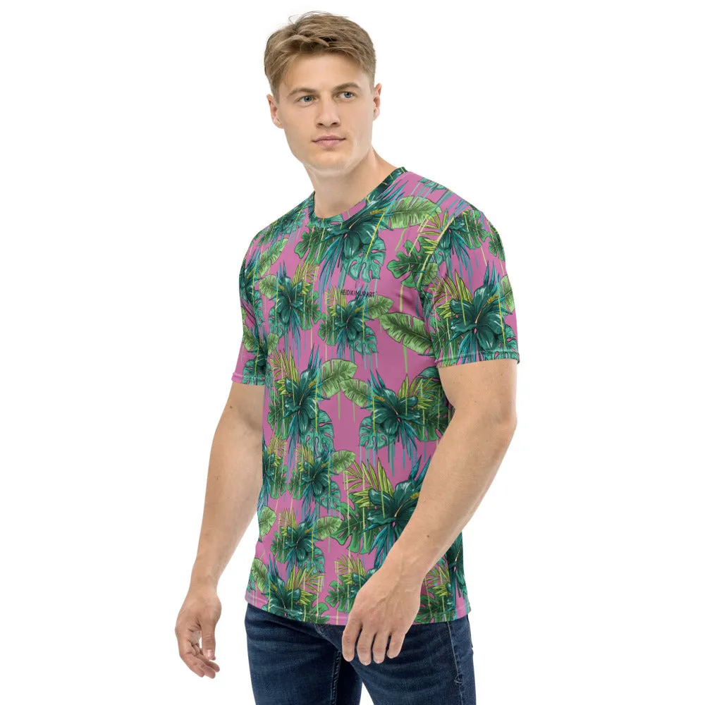 Pink Tropical Leaf Men's T-shirt, Hawaiian Style Green Leaf Print Premium Men's Tee-Made in USA/EU