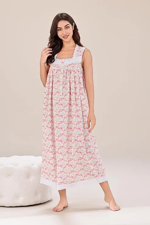 Richie House Women's Cotton Sleeveless Floral Sleepwear Dress Nightwear RHW4090